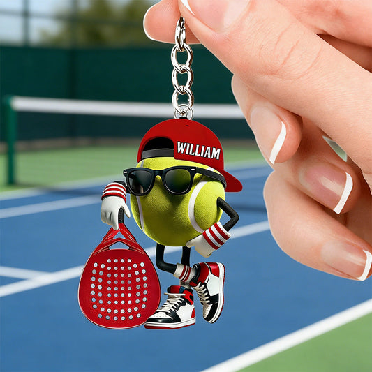 Personalized Padel Acrylic Keychain Cute Tennis Ball Character with Sunglasses and Cap - Unique Gift for Sports Fans
