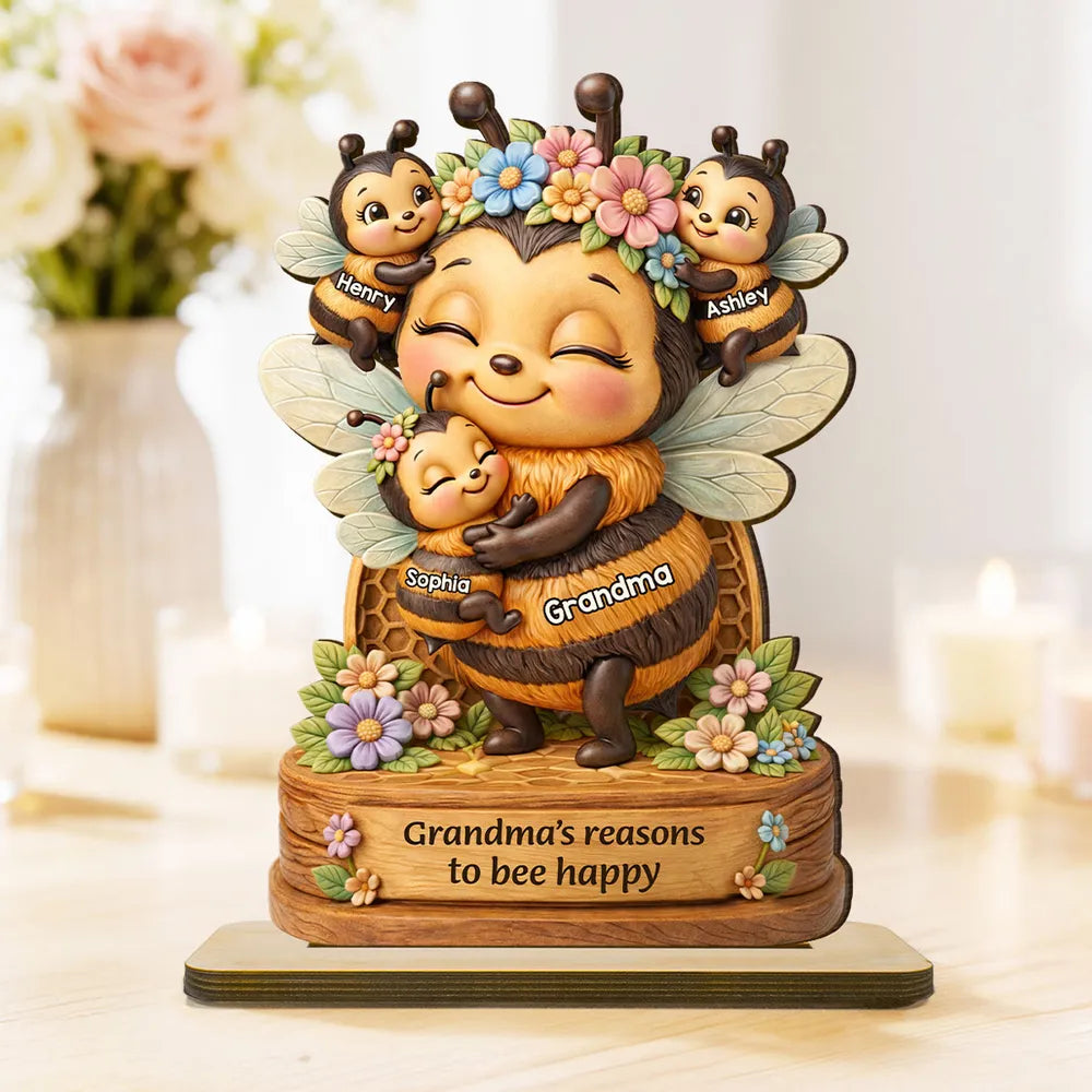 Personalized 2-Layer Wooden Plaque Grandma's Reasons to Bee Happy Cute Bee Family Keepsake Unique Gift for Grandma