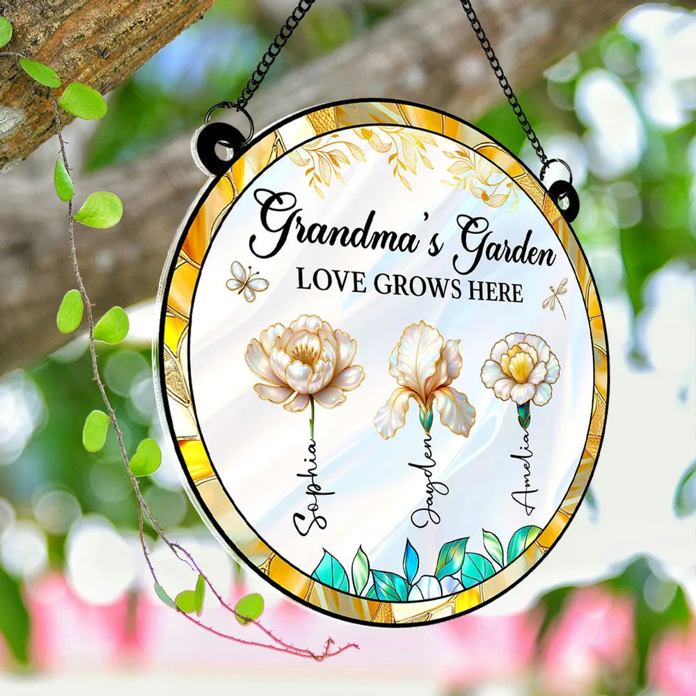 Personalized Acrylic Suncatcher Ornament – Grandma’s Garden “Love Grows Here”, thoughtful gift-ready keepsake for Grandma