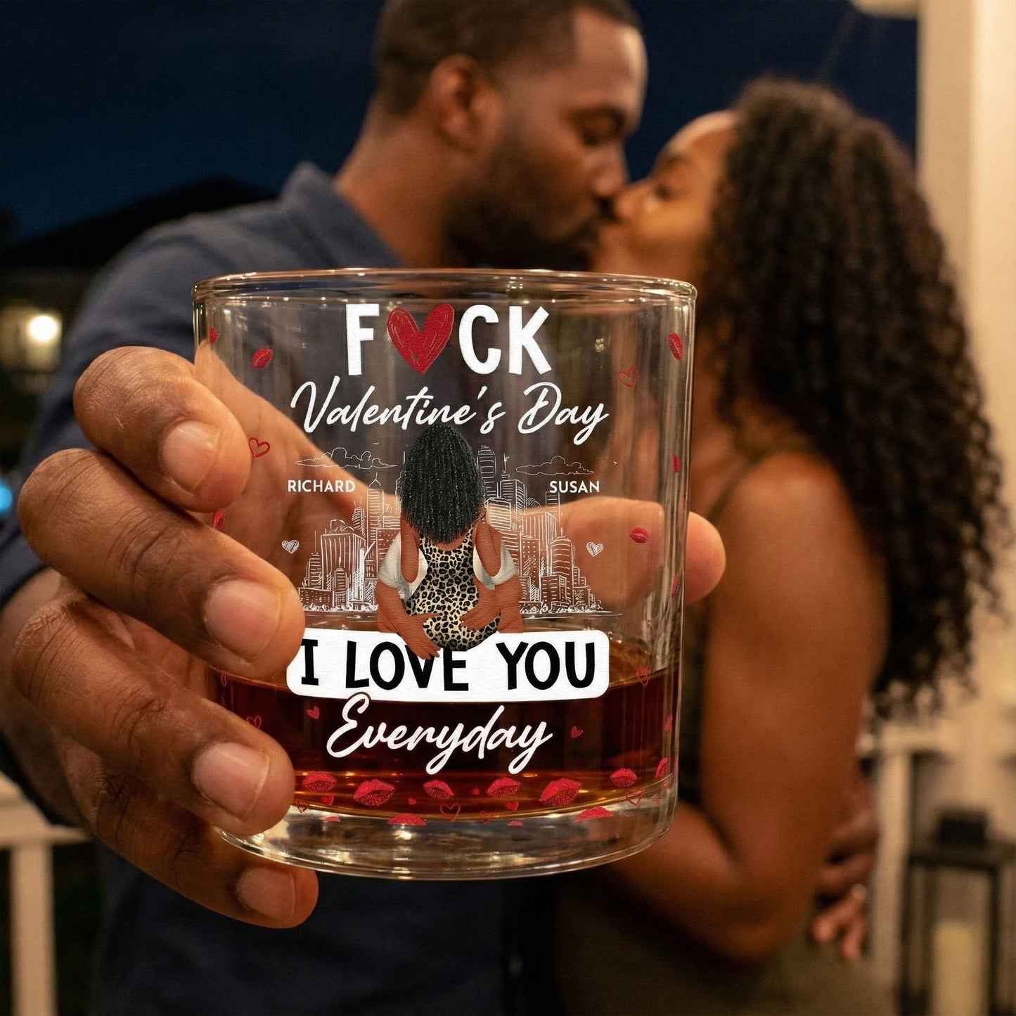 Personalized Whiskey Glass With Cheeky Valentine's Quote, Kissing Couple Design, Unique Gift For Husband Or Boyfriend