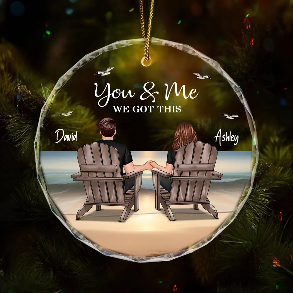 Crystal Ornament Personalized for Couples, Sitting Together at a Sunset Beach Scene, Romantic Keepsake Gift for Her