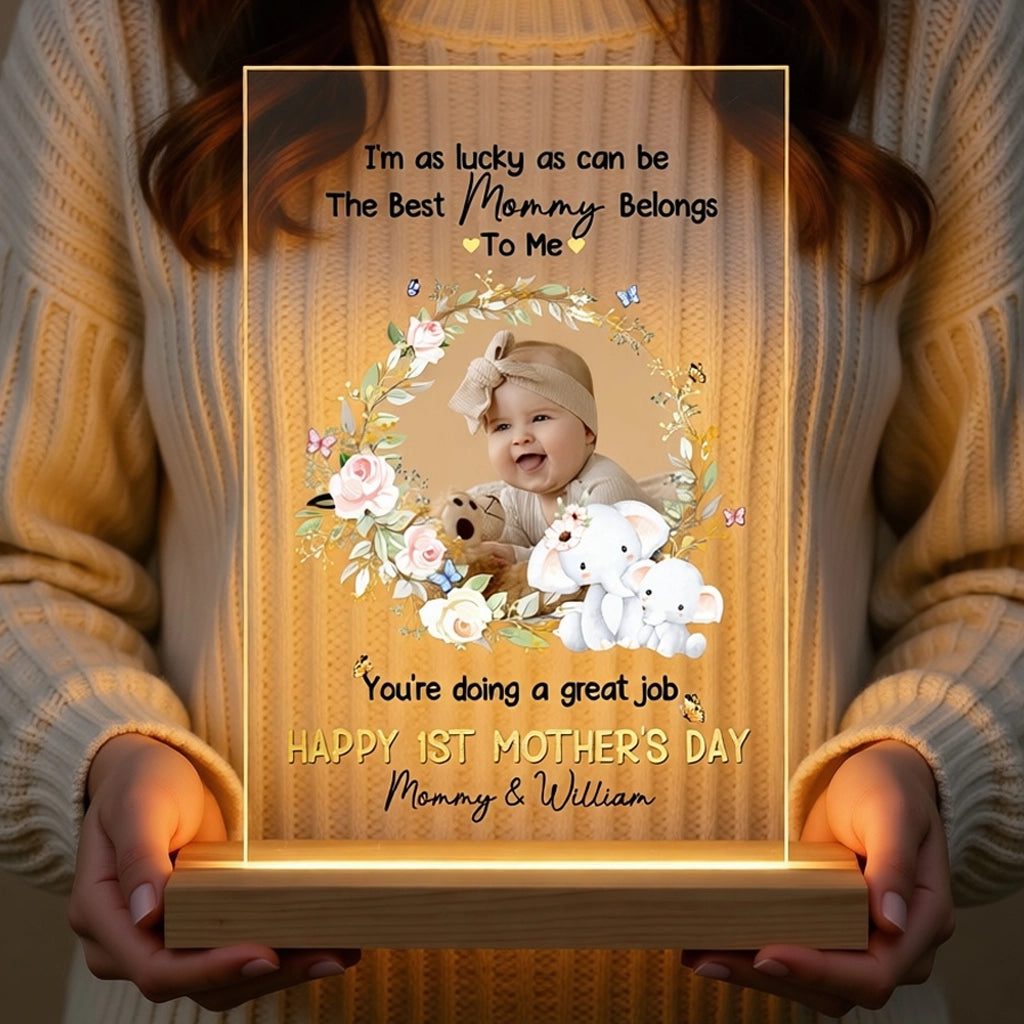 Personalized LED Light Plaque with Baby Photo and Sweet Elephant Floral Wreath, Mother's Day Gift for Mom, Cozy Ambient Glow