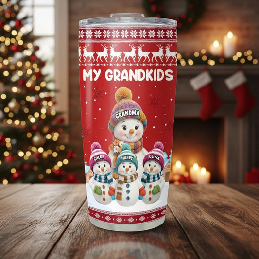 Insulated Travel Tumbler - My Grandkids Snowman Family, Leak-Proof, Keeps Drinks Hot & Cold, a unique gift for Grandma