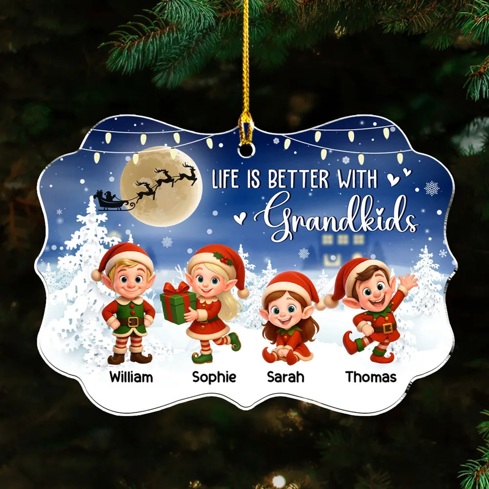 Acrylic Ornament - Life Is Better With Grandkids, cute elf scene in a moonlit snowy forest, a unique Christmas gift for Grandma and Grandpa