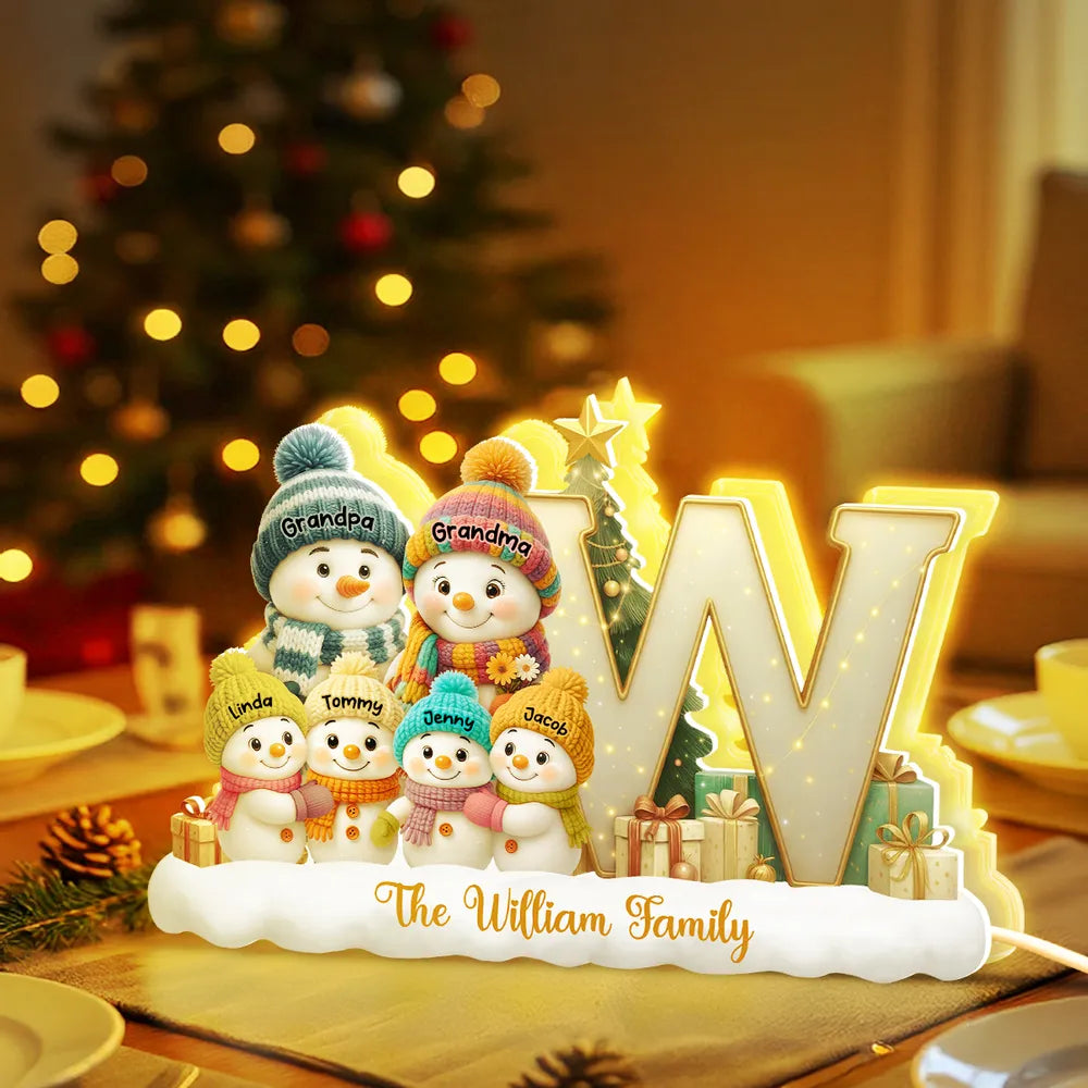 Snowman Family Christmas Acrylic Light Box | Personalized Initial Display, Perfect Gift for Families