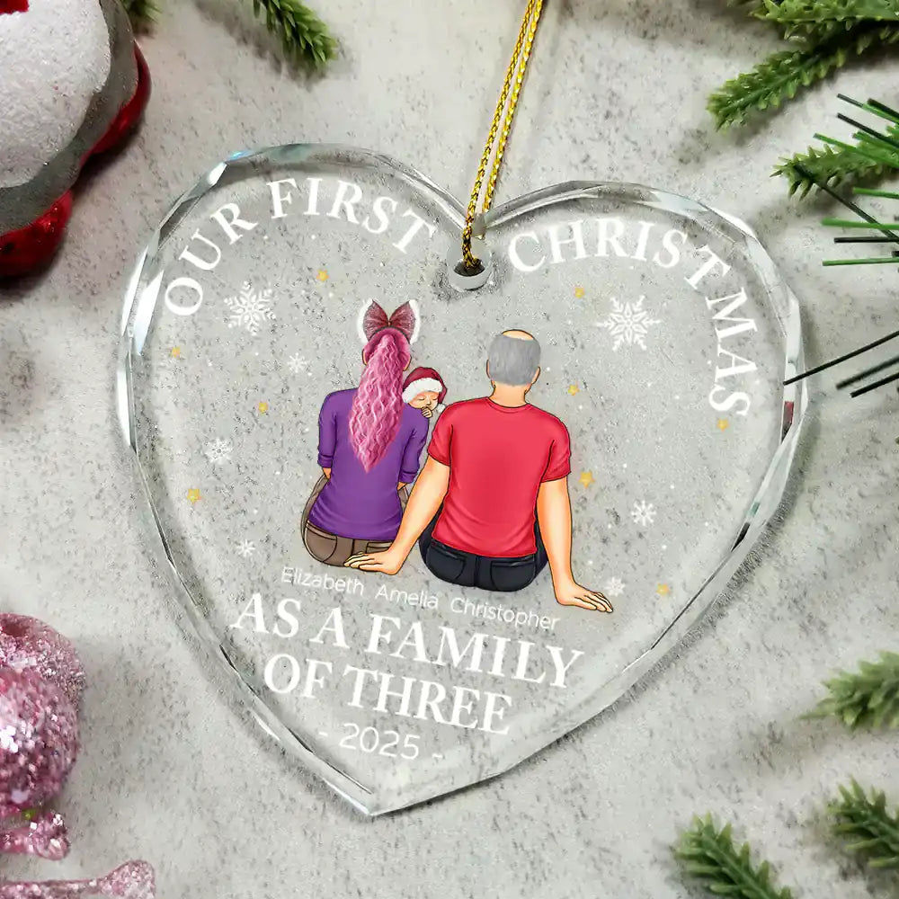 Crystal Heart Ornament for Christmas tree, cozy couple illustration with little one, keepsake, gift-ready for new parents and families