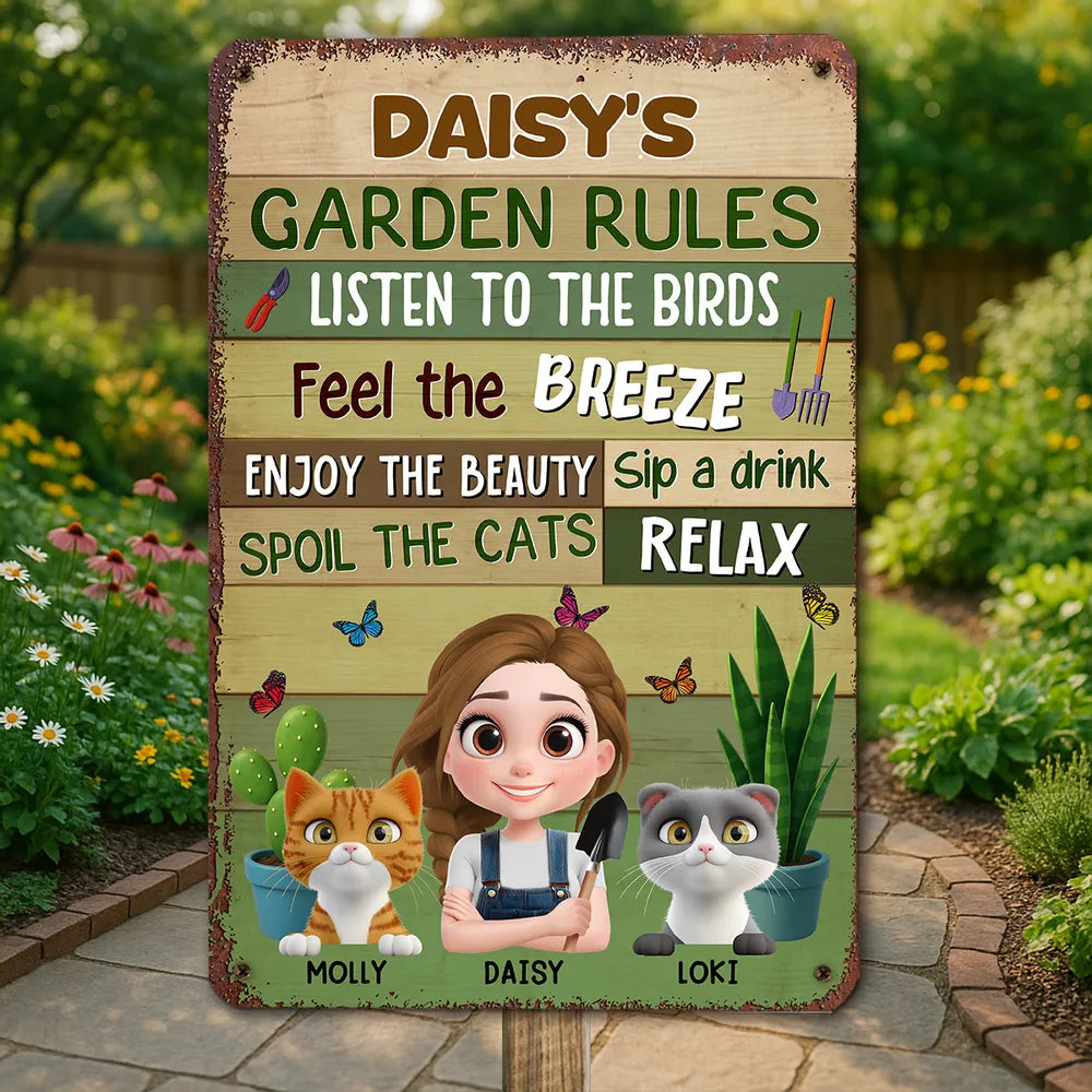 Garden Rules Metal Sign – Personalized Rectangular Iron Sign for Plant Lovers and Cat Moms