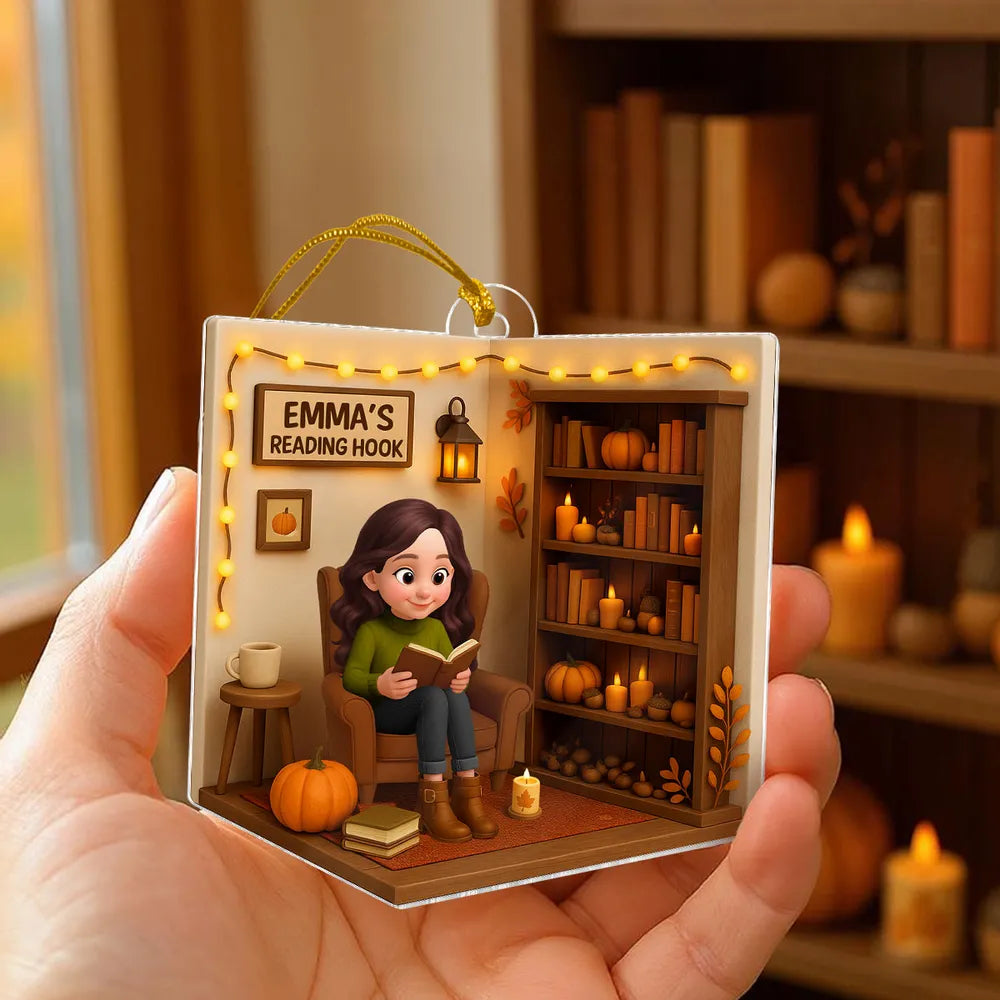 Cozy Autumn Reading Nook Personalized Ornament, Gift for Book Lovers, Creative Fall Gift for Her