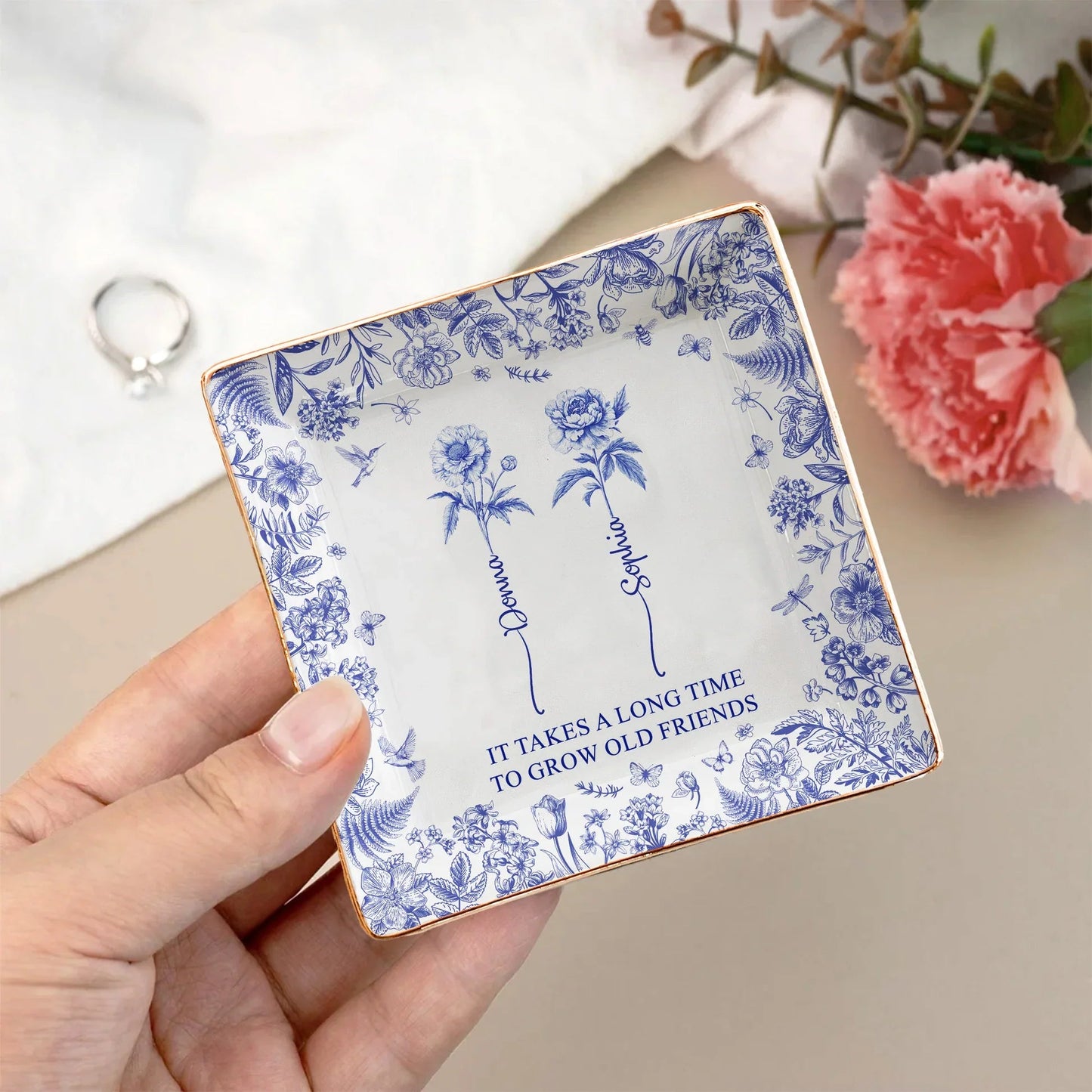 "It Takes a Long Time to Grow Old Friends" Personalized Jewelry Dish – Custom Gift for Friends and Sisters