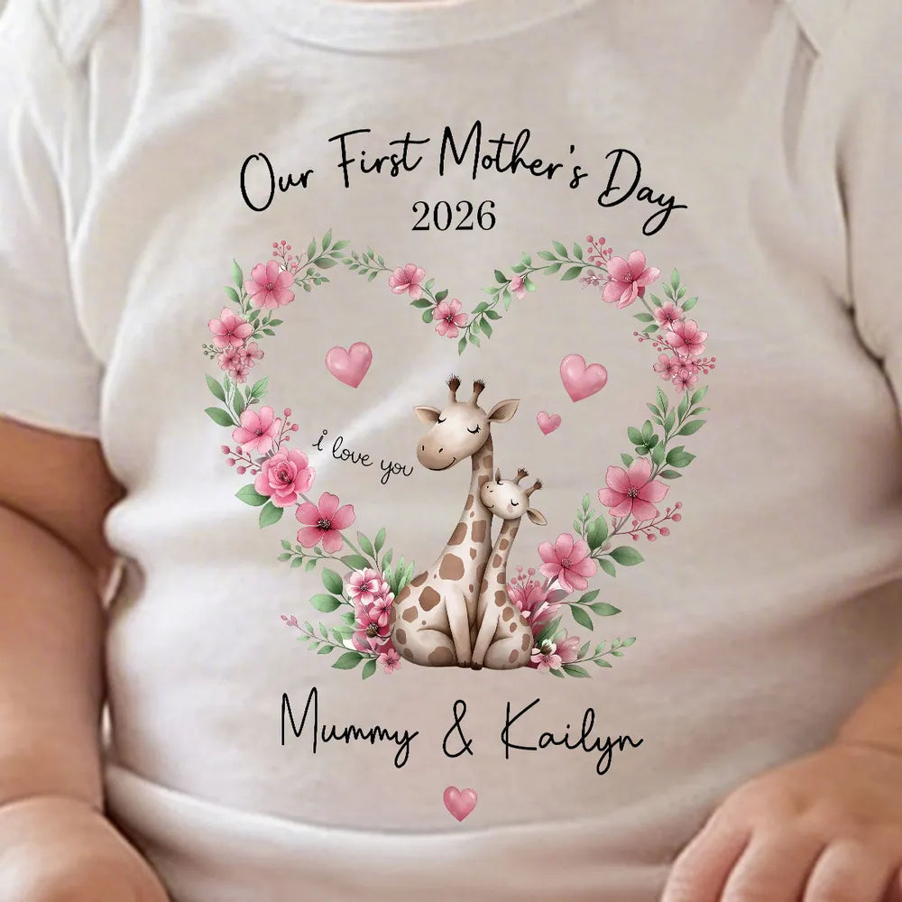 Short Sleeve Baby Onesie Personalized for First Mother's Day, Blue Floral Giraffe Mom and Baby, Sweet Photo-Ready Gift