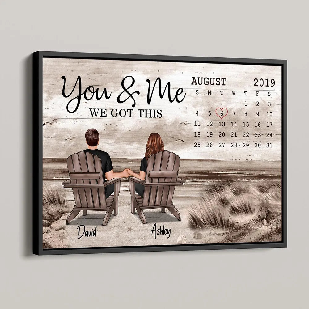Personalized Calendar Couple Poster, Romantic Beach Scene Love Story