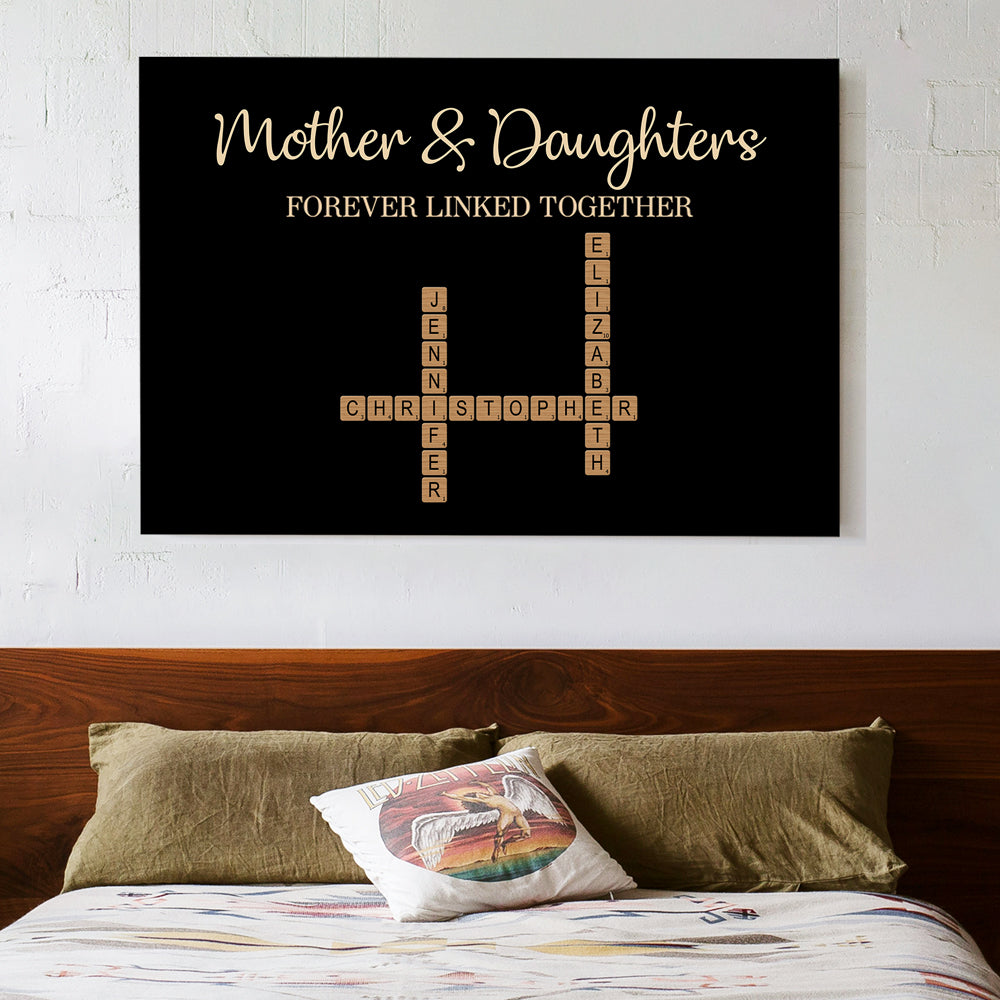 Mother & Dad & Sons & Daughter Forever Linked – Personalized Scrabble Art with Custom Names and Heartfelt Design