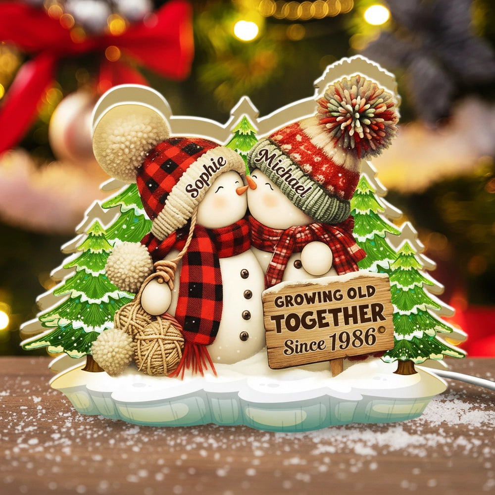 Acrylic Light Box, Snowman Couple Hug in Winter Pines, Warm Glow Decor, Growing Old Together, Unique Gift for Couples