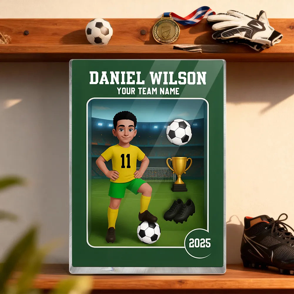Acrylic Block Plaque - Customizable Soccer Keepsake, stadium design, player with ball - Creative Gift for Kids & Teams