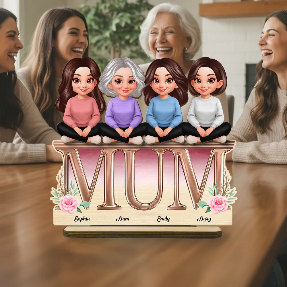 Personalized 2-Layer Wooden Plaque with Mum Letter Design, Custom Family Cartoon Display, Unique Gift for Mom