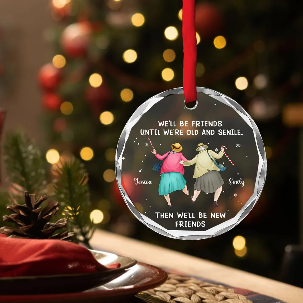 Personalized Crystal Ornament Best Friends Quote Christmas Tree Decor, Cute Cartoon Bestie Gift With Festive Snowflakes