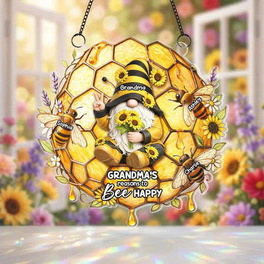 Acrylic Suncatcher Ornament With Cute Gnome Bees and Sunflowers Bright Window Decor A Sweet Personalized Gift For Grandma