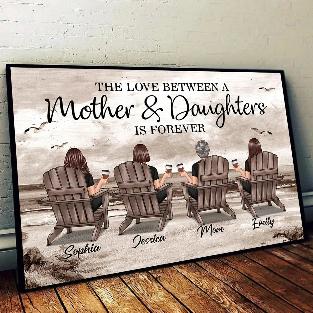 Poster of Mother & Daughters with Coastal Scene Customizable Wall Art Warm Home Decoration Thoughtful Gift
