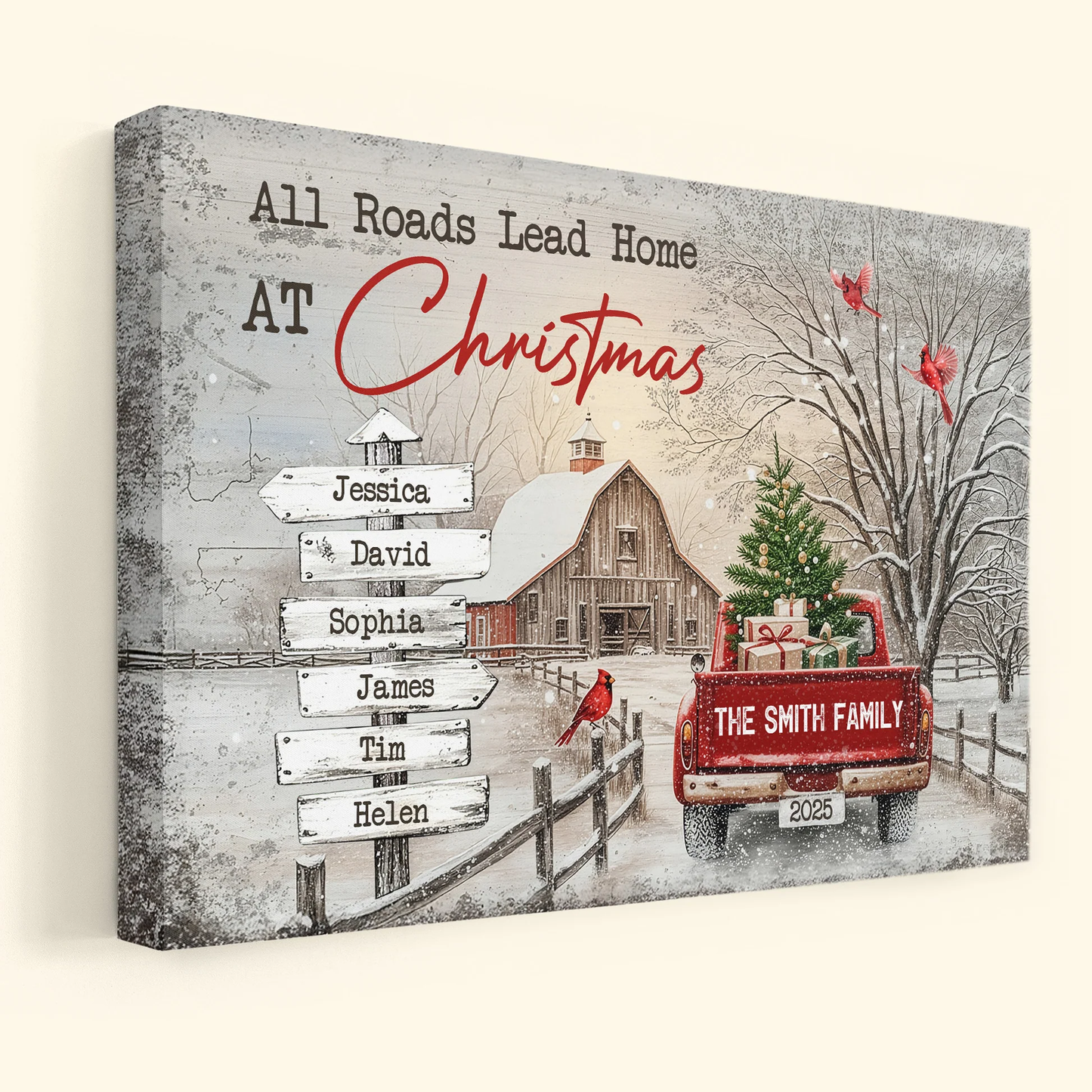All Roads Lead Home At Christmas Personalized Poster – Custom Family Names Winter Farmhouse Wall Art, Unique Holiday Gift for Mom & Loved Ones