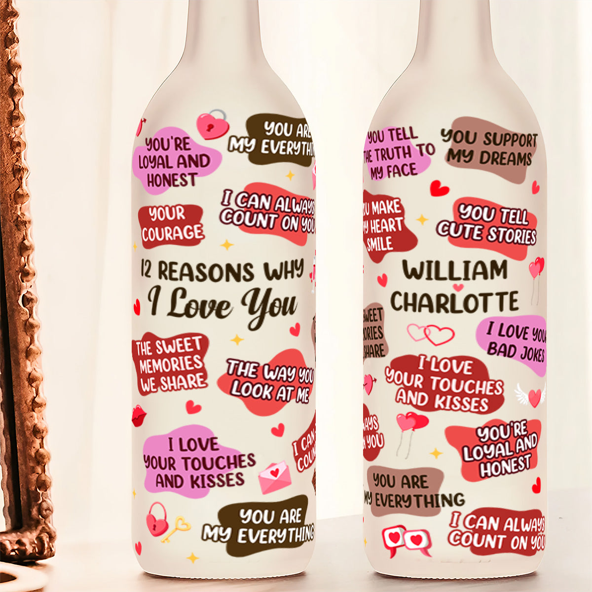 Personalized Bottle Lamp with 12 Reasons I Love You, Soft Warm Glow Bedroom Light, Unique Romantic Gift for Couples
