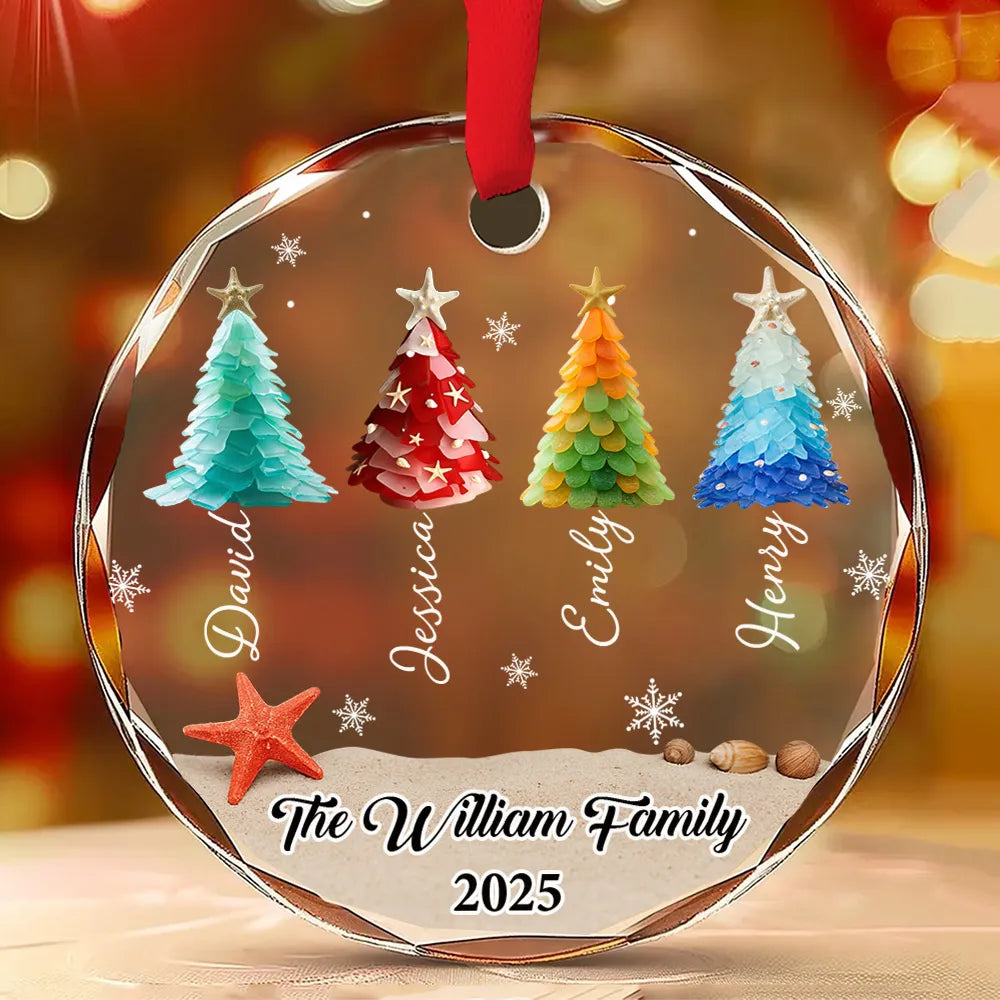 Custom Crystal Ornament with Beach-Inspired Christmas Trees, Personalized Family Name Holiday Decor, Creative Christmas Gift for Loved Ones