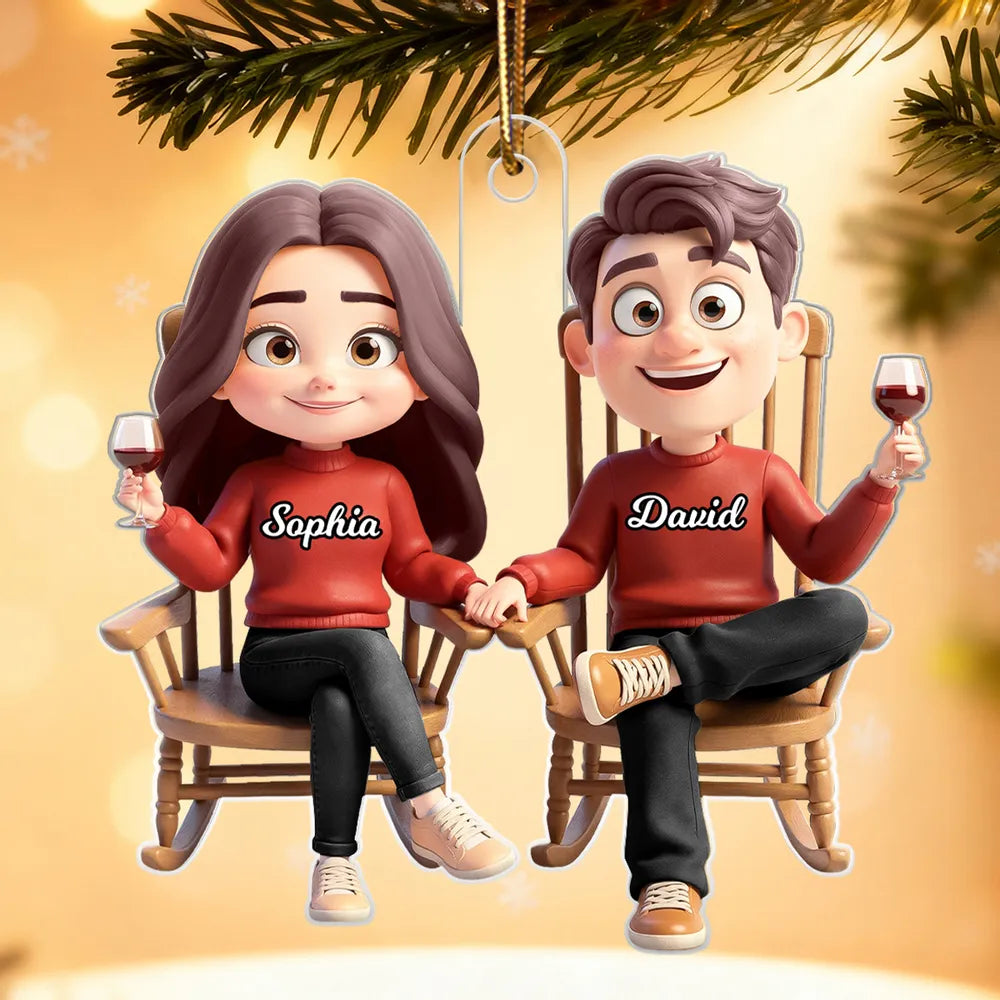 Personalized Acrylic Ornament with Cute Cartoon Couple in Rocking Chairs – Cozy Wine Night Scene, Unique Gift for Couples & Home Holiday Decor