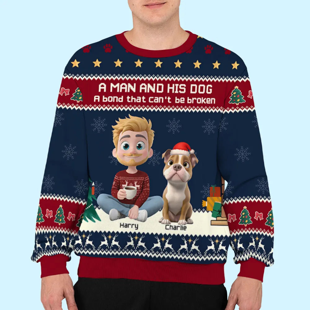 A Man and His Dog Sweatshirt, Custom All-Over Print, Cozy Christmas Cartoon, unique gift for dog dads & pet lovers