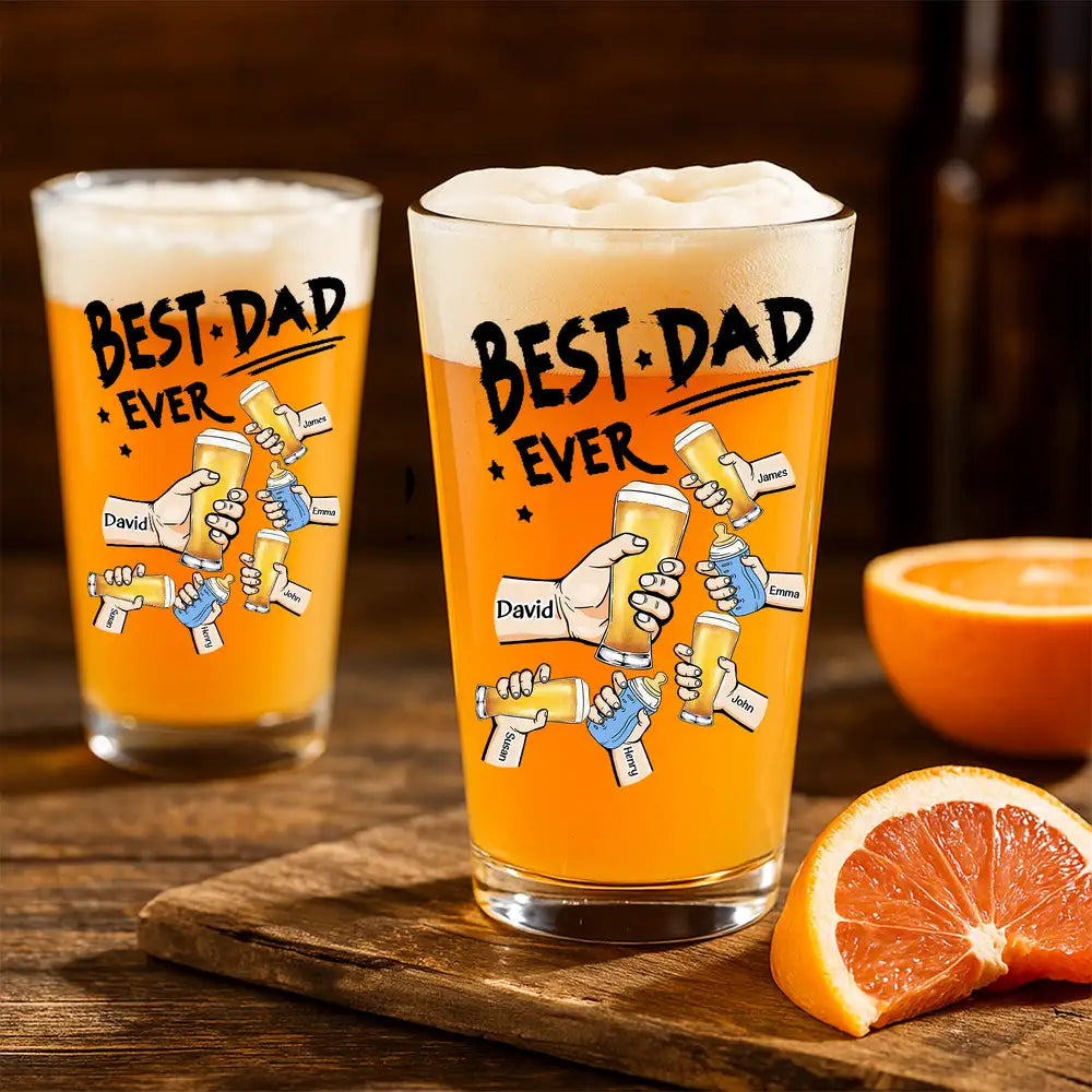 “Best Dad Ever” Personalized Beer Glass – Custom Cheers Design with Kid Names