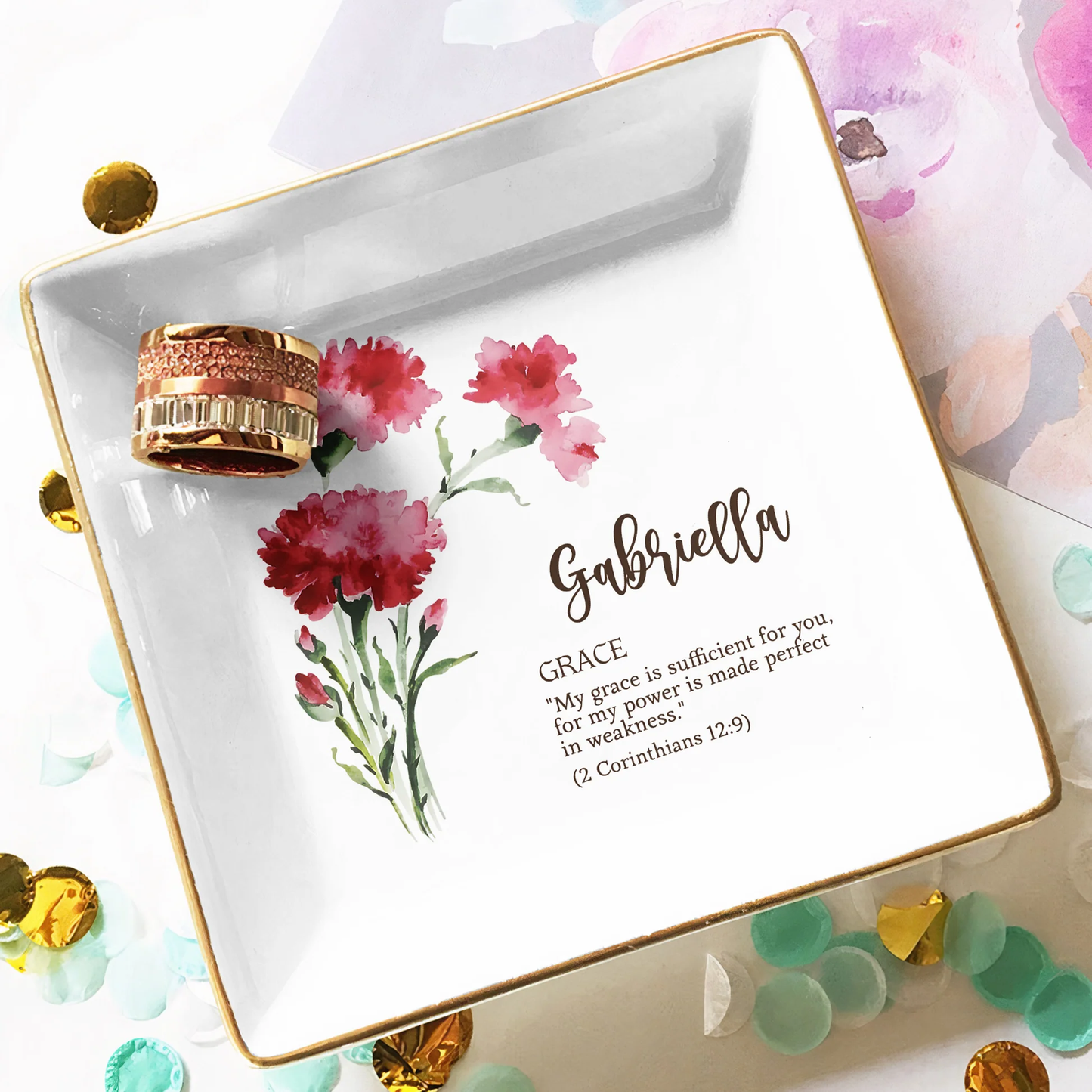 Personalized Birth Flower Jewelry Dish with Bible Verse, Watercolor Floral Keepsake, Unique Christian Gift for Her