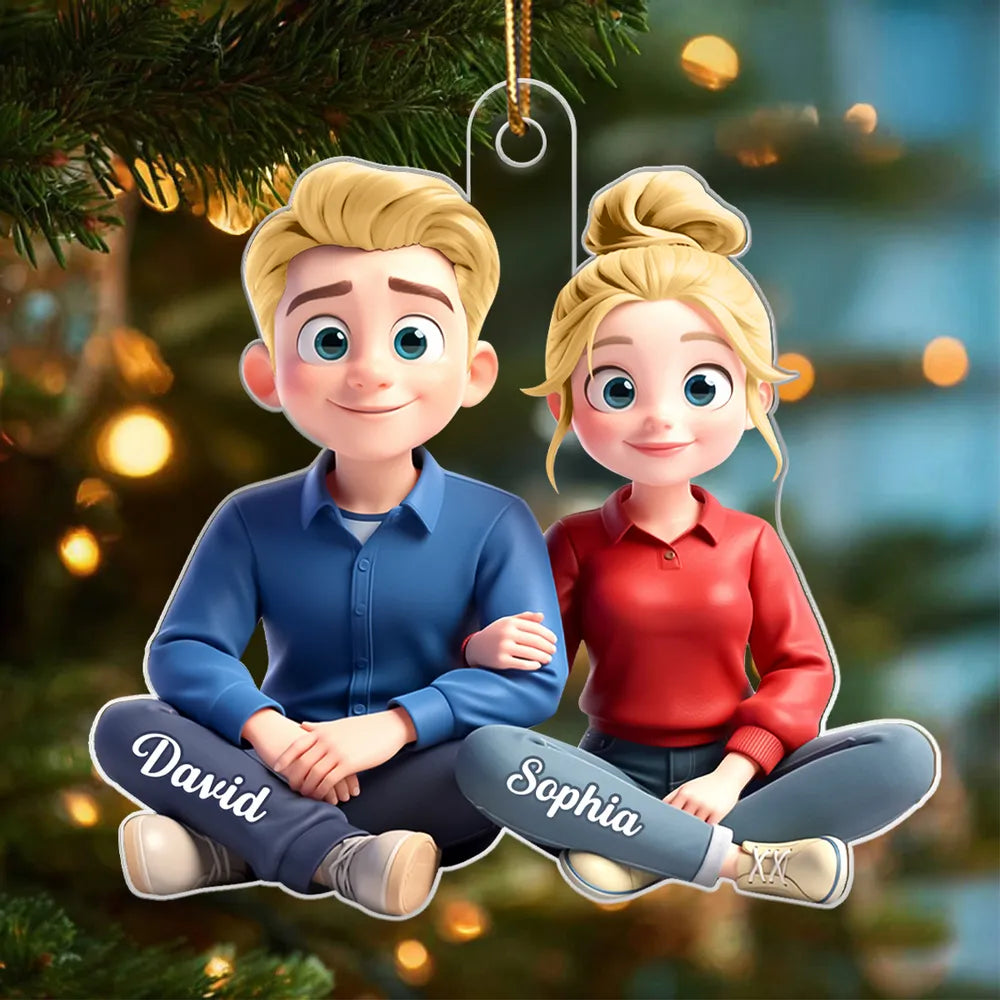 Personalized Acrylic Ornament Cartoon Couple Sitting Together, Cute Unique Gift for Him or Her