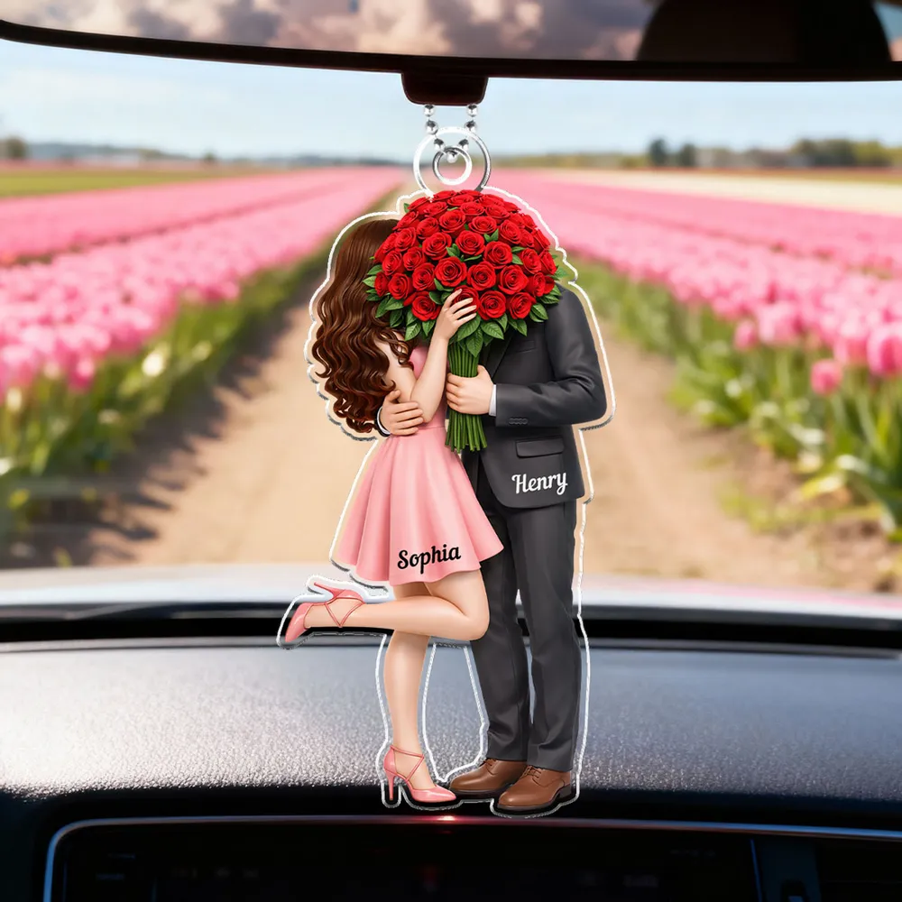 Personalized Acrylic Car Hanger Elegant Couple Hugging with Red Roses, Romantic Rearview Mirror Decor, Unique Gift for Couples