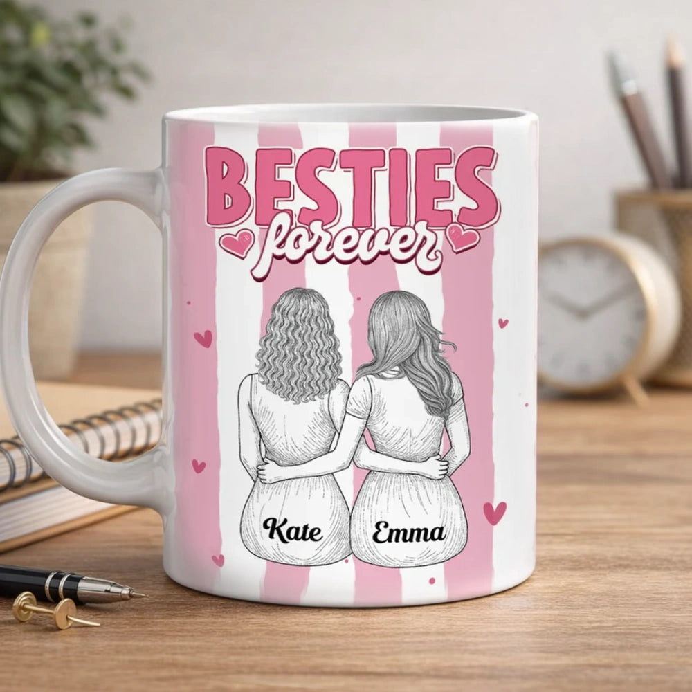 Besties Forever Ceramic Mug, Personalized Coffee Mug for Best Friend or Sister, Sweet Hug Illustration Unique Gift