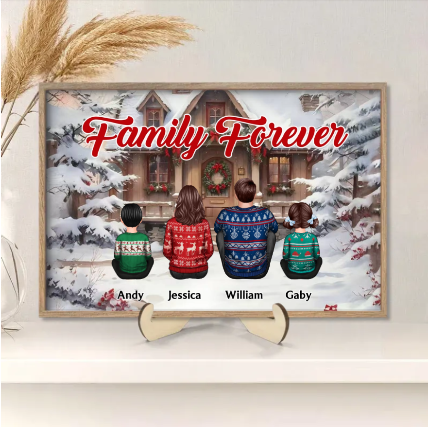 Snow House Back View Family Sitting Personalized Poster or Ornament or Plaque or Keychain