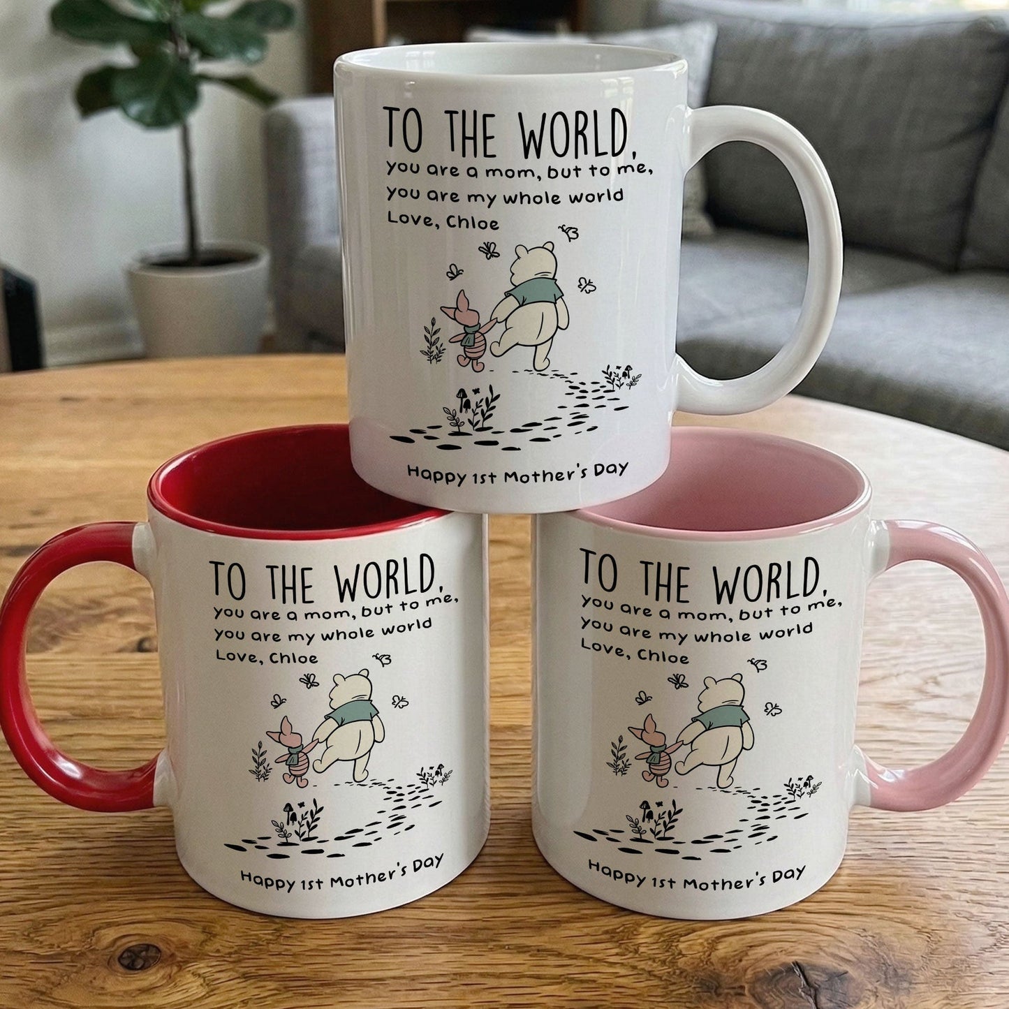 White Ceramic Mug for Mom, Sweet 'To The World' Quote with Mom and Baby Bear Walking - Thoughtful Personalized Gift