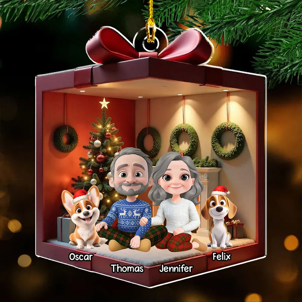 Festive Acrylic Ornament Featuring Family & Dog Under Christmas Tree – Ideal Holiday Gift