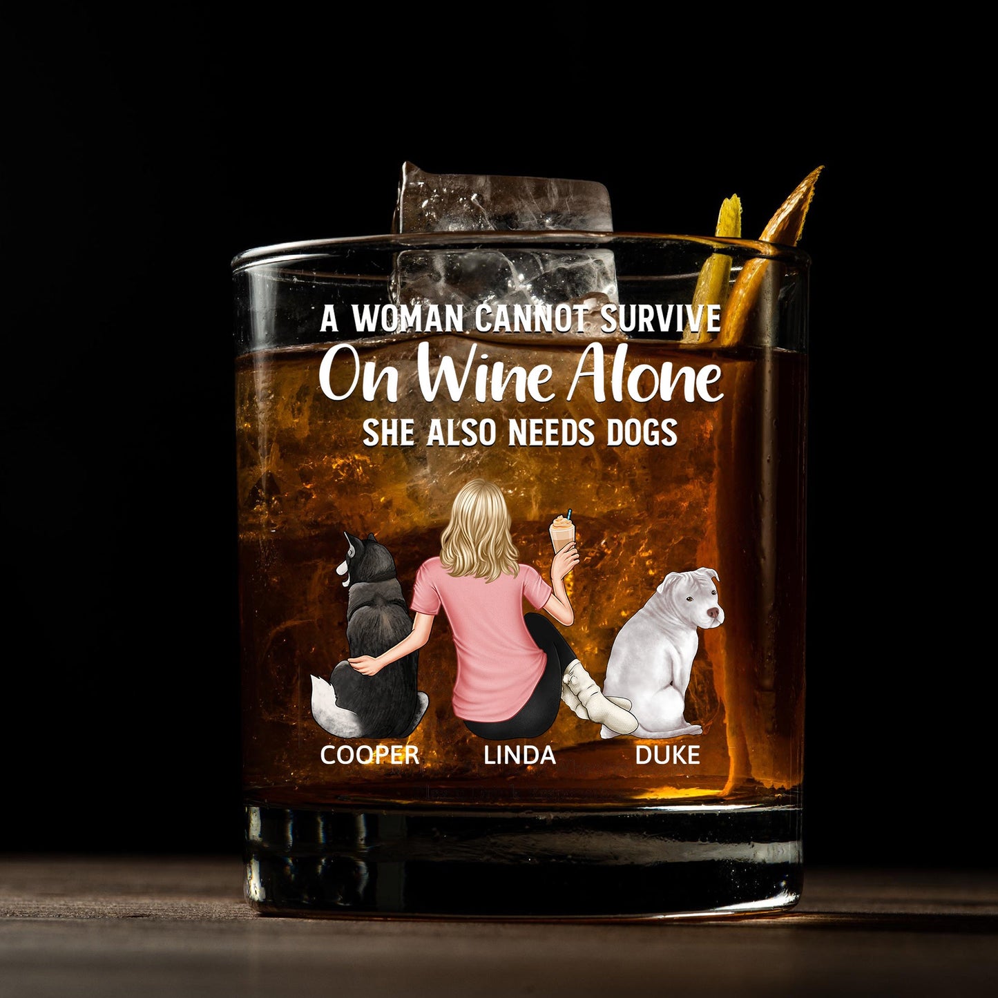 Personalized Whiskey Glass with Pet and Owner Back View – 'She Also Needs a Dog' Warm Quote Design