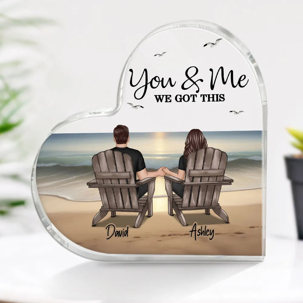 Heart Acrylic Block Plaque with You & Me Couple Back View on Beach, High Clarity, Romantic Keepsake Gift