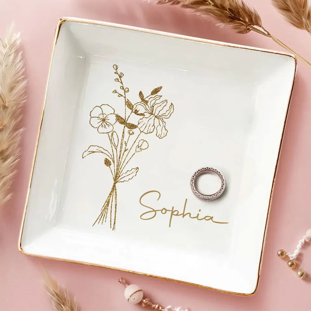 Elegant Jewelry Dish Personalized with Name, Minimal Gold Bouquet Vanity Catchall, Thoughtful Sentimental Gift