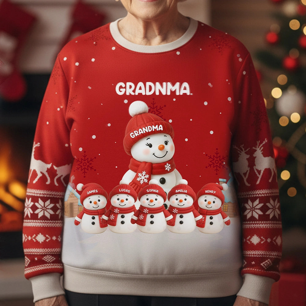 Grandma Snowman Family Sweatshirt, Personalized All-Over Print, Snowy Village Scene, a Unique Christmas Gift for Grandma