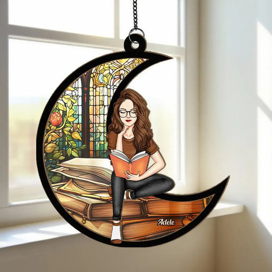 Book Lover Ornament with Stained Glass Window, Reading Girl Sitting on Crescent Moon, Cozy Home Décor Gift for Readers