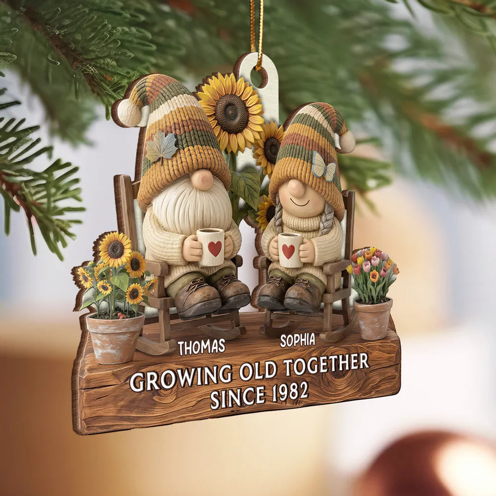 Wooden Ornament Personalized for a Couple, Cute Gnome Rocking Chairs with Sunflowers, Heartwarming Holiday Gift & Decor