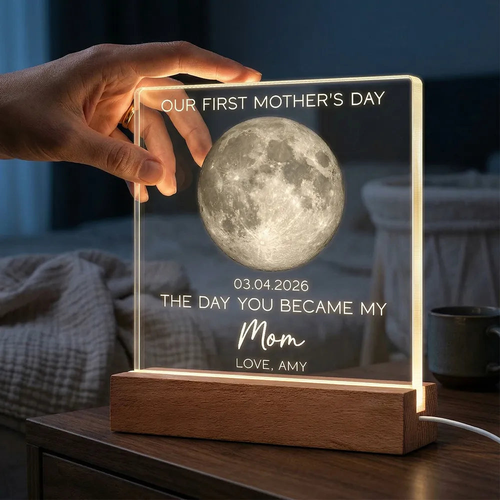 Personalized Moon Phase Block LED Light Plaque for First Mother's Day - Unique Gift for a New Mom, Warm Cozy Night Light
