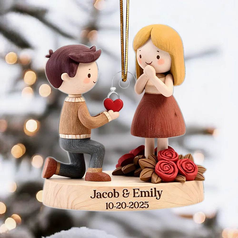 Romantic Personalized Acrylic Ornament with Kneeling Couple and Heart Charm Cozy Holiday Keepsake Unique Gift for Couples