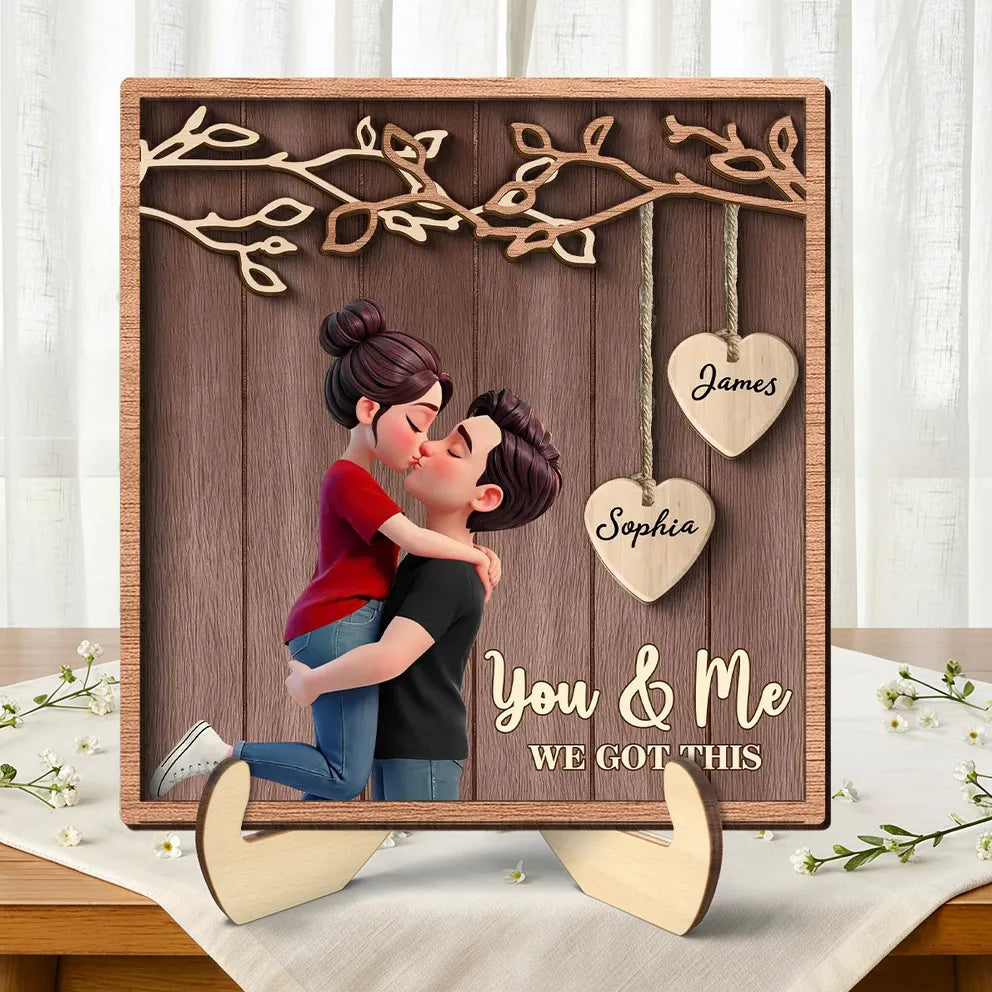 2-Layer Wooden Plaque Personalized for Couples, Romantic Hug and Kiss Under Hanging Hearts, Sweet Keepsake Gift for Him or Her