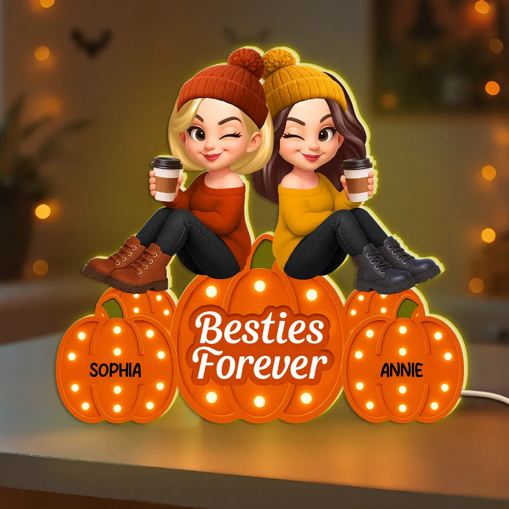 Besties Forever Acrylic Light Box with Pumpkin Marquee Glow, Sitting Friends, Cozy Fall Decor, a Unique Gift for Best Friend