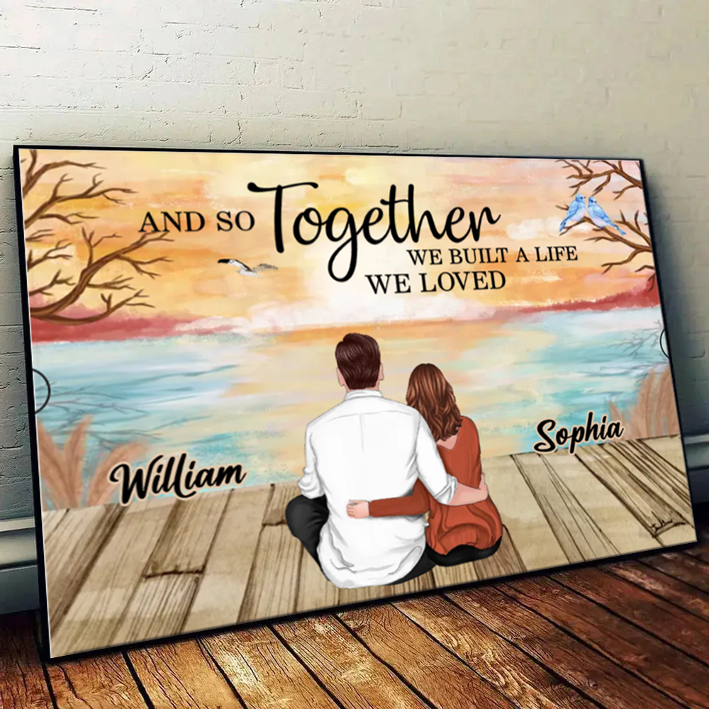 Poster - Back-View Couple at Sunset Lake, Custom Romantic Art with 'And so together' Quote, Unique Gift for Couples