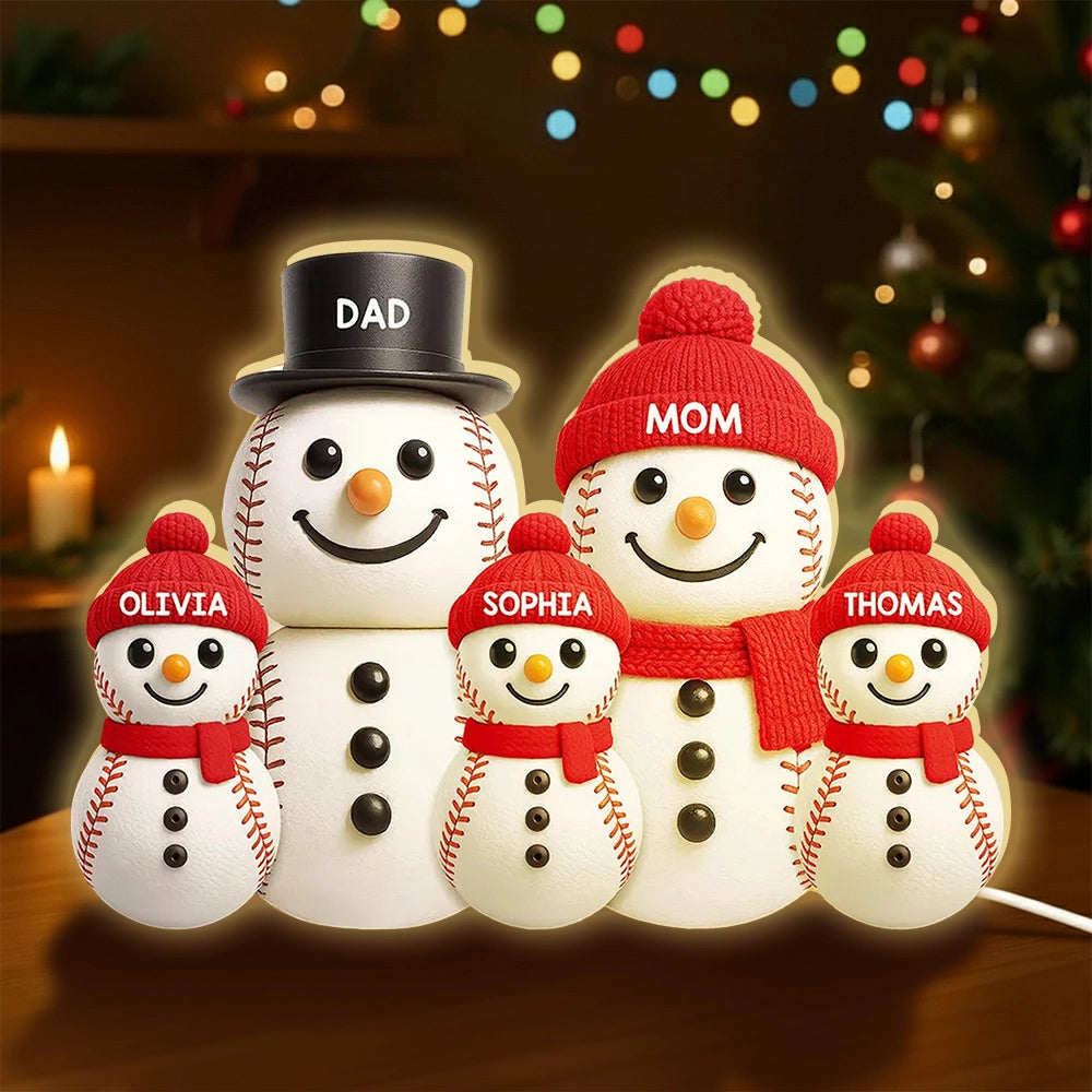 Baseball Snowman Family Acrylic Light Box, Personalized Design, Christmas Decor, Warm Glow, Unique Gift for Family