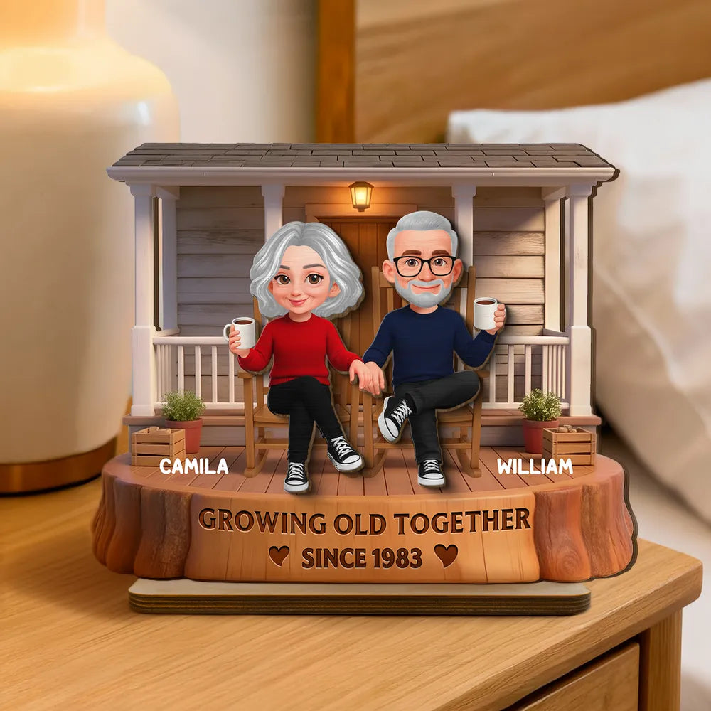 Personalized 2-Layer Wooden Plaque, Couple Holding Hands on a Cozy Front Porch, Growing Old Together, Unique Gift for Him & Her