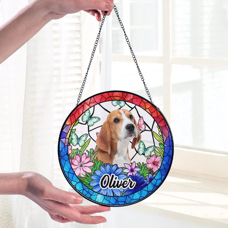 Custom Pet Suncatcher Ornament – Personalized Dog Photo Gift with Floral and Stained Glass Design