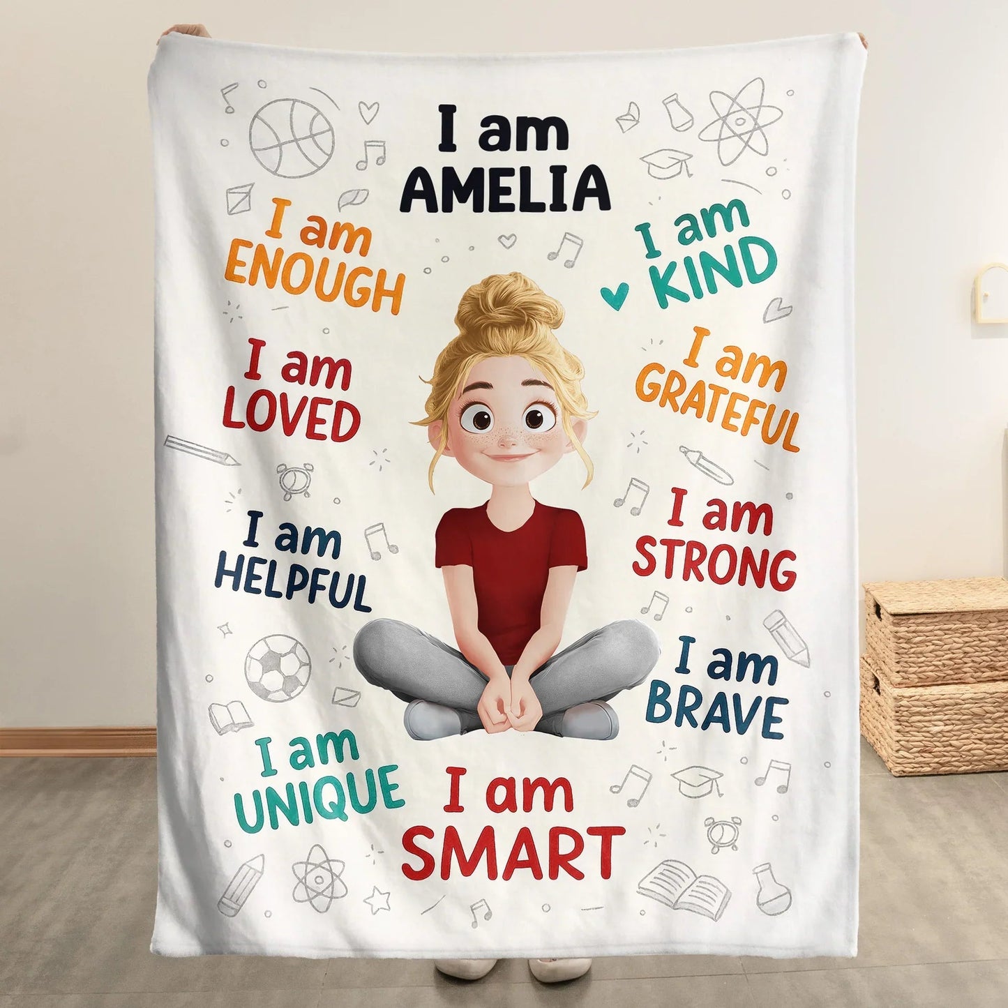 Personalized Fleece Blanket for Kids with I Am Affirmations, Cute Cartoon Girl, Confidence Boost, Unique Creative Gift for Daughters